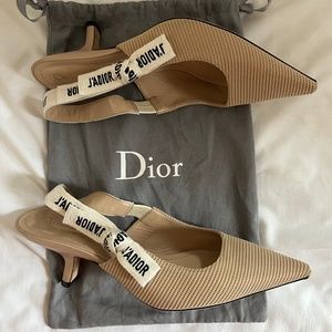 CHRISTIAN DIOR J'ADIOR FABRIC & RIBBON BEIGE KITTEN HEEL SHOES SLINGBACKS 37.5